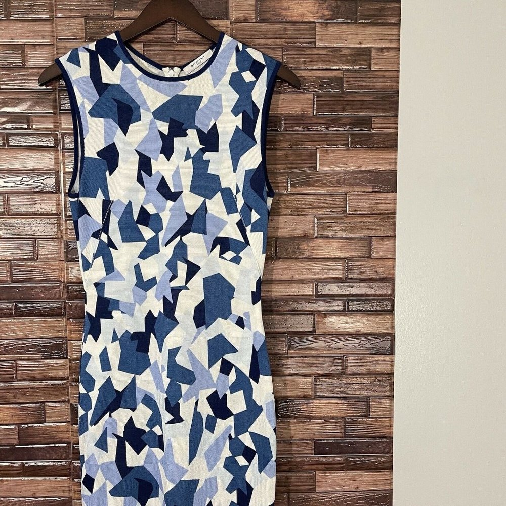 GIVENCHY Geometric Pencil Dress Blue Navy White Knit Stretch Size M Sleeveless - Picture 3 of 11